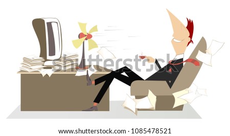Coffee break. Man in the office sits in the armchair in front of the tabletop fan, takes a delight from the fresh air and drinks a cup of coffee or tea vector