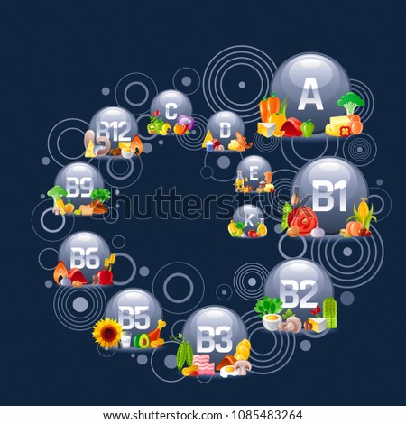 Mineral Vitamin multi supplement icons. Multivitamin complex flat vector icon set, logo isolated black background. Table illustration medicine healthcare chart Diet balance medical Infographic diagram