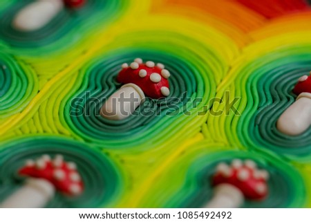 Magic mushrooms side view. Picture of colored clay handmade. Macro photo
