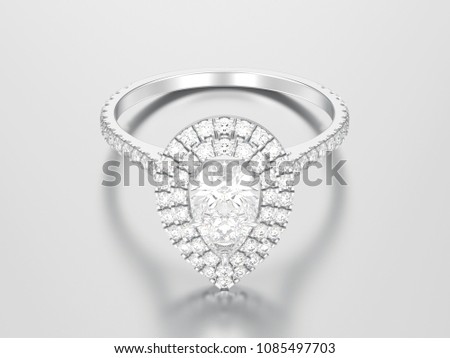 3D illustration silver decorative pear diamond ring on a grey background