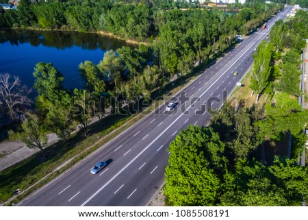 cars on the route. drone photography. Aerial view shooting from a dron.