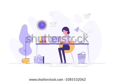 Beautiful businesswoman using laptop while sitting at her desk. Office workplace interior. Flat vector illustration. Royalty-Free Stock Photo #1085532062