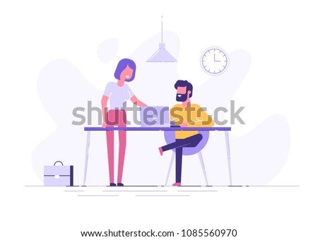 Young man is sitting at a desk with computer and his colleague is pointing to a screen and giving advice. Office business concept. Modern vector illustration. Royalty-Free Stock Photo #1085560970