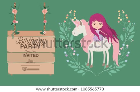 fairy with unicorn and label wooden invitation card