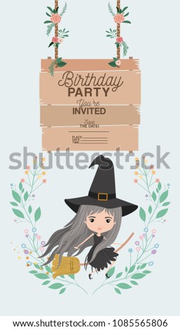 witch flying with wooden label invitation card
