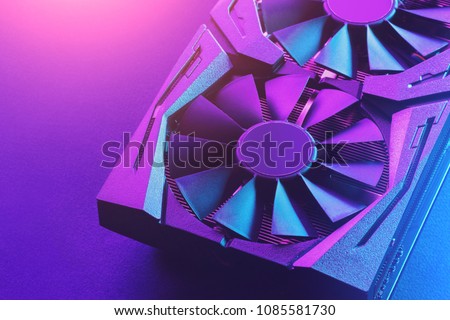 Video graphics card. Abstract bright violet blue light. Gpu background. 