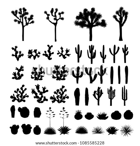 Big set with silhouettes of cacti, agaves, joshua tree, and prickly pear. Vector cactus collection, black and white design elements Royalty-Free Stock Photo #1085585228