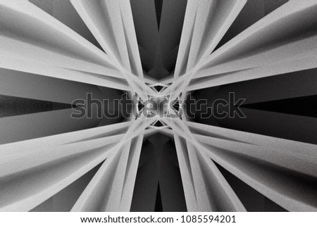 Girders of minimalist building viewed in darkness through refraction prism. Abstract modern architecture in black and white. Contrast chiaroscuro photo with distortion effect.