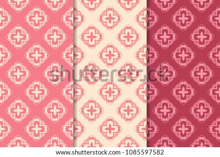 Set of red floral ornaments. Cherry pink vertical seamless patterns. Wallpaper backgrounds