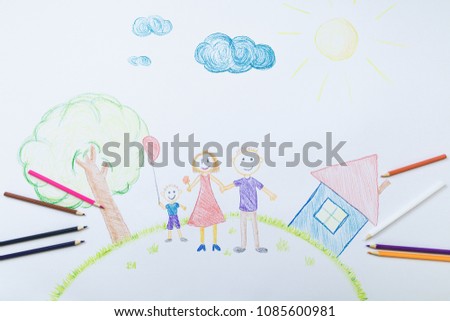 Child's drawing of mom's dad and son on the background of a house, a tree on a sunny day