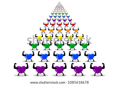 Colorful healthy hearts marching and parading in rows. (LGBT) rainbow colors isolated on white (transparent) background. Exercise make heart healthy and stronger concept. Vector illustration, EPS10.