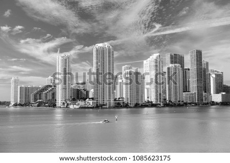 Miami skyline skyscrapers ,yacht or boat next to Miami downtown, Aerial view, south beach