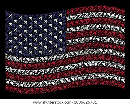 Air plane pictograms are organized into waving United States flag abstraction on a dark background. Vector composition of America state flag is created of air plane elements.