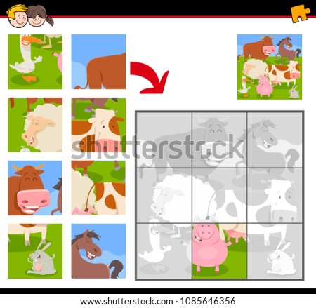 Cartoon Illustration of Educational Jigsaw Puzzle Activity Game for Children with Happy Farm Animals Group
