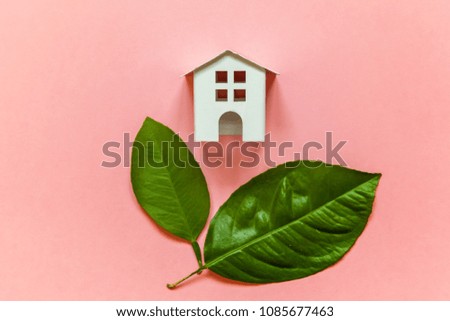 Miniature toy model house with green leaves on pink pastel colourful trendy backgdrop. Eco Village, abstract environmental background. Real estate mortgage property insurance dream home ecology