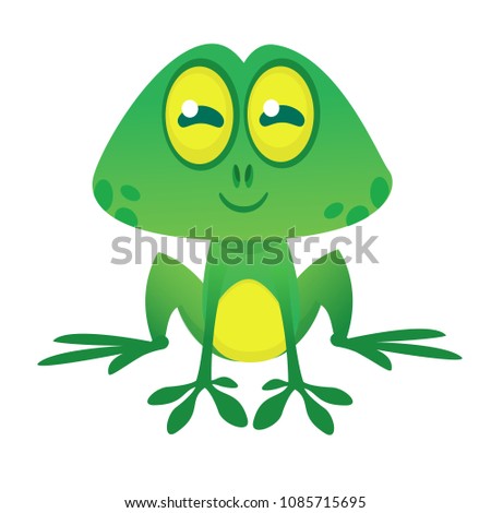  Funny green frog character in cartoon style. Vector illustration. Design for print, children book illustration or party decoration