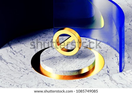 Golden Ban Symbol on the White Marble and Blue Glass Around. 3D Illustration of Golden Ban, Block, Blocked, Cancel, Prevent, Private, Sto Icon Set With Blue Glass.