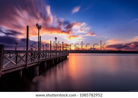Istanbul, Turkey, Kucuk Cekmece seaside pier and sunset