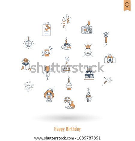 Happy Birthday Icons Set. Simple, Minimalistic and Flat Style. Retro Color. Vector