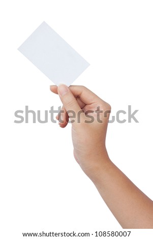 Hand holding a paper business card isolated on white background