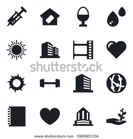 Set of vector isolated black icon - sun vector, office building, heart, syringe, barbell, film frame, network, copybook, smart home, egg stand, water, palm sprout
