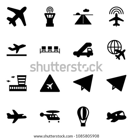 Solid vector icon set - plane vector, airport tower, runway, radar, departure, waiting area, trap truck, globe, building, road sign, paper fly, helicopter, air balloon, toy