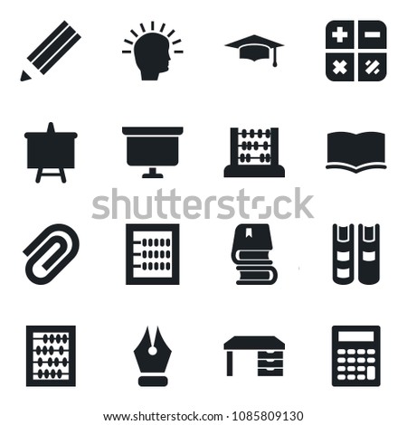 Set of vector isolated black icon - book vector, calculator, graduate, abacus, desk, presentation board, paper clip, ink pen, pencil, shining head