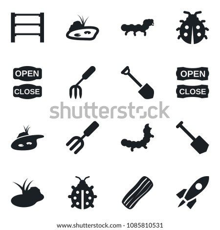 Set of vector isolated black icon - job vector, garden fork, lady bug, caterpillar, pond, rack, bacon, open close, rocket