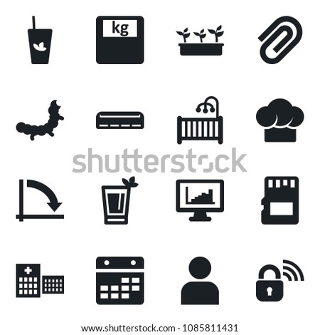 Set of vector isolated black icon - crisis graph vector, seedling, caterpillar, scales, hospital, user, sd, calendar, monitor statistics, paper clip, children room, air conditioner, cook hat