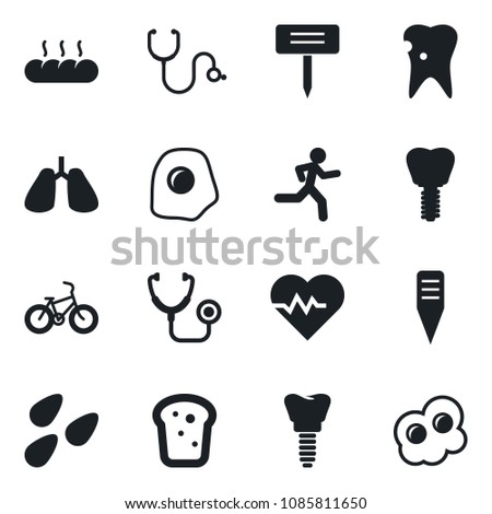 Set of vector isolated black icon - plant label vector, seeds, heart pulse, stethoscope, bike, run, lungs, caries, implant, bread, omelette