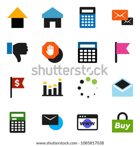 solid vector ixon set - calculator vector, flag, arrow up, dollar, equalizer, finger down, mail, browser, home, loading, stop, buy