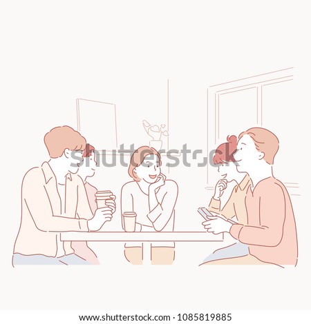 Women and men talking with coffee. hand drawn style vector doodle design illustrations.