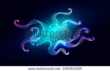 Blue octopus composed. Marine animal digital concept. Vector illustration of a starry sea or Comos. The octopus consists of lines. Wireframe light connection structure