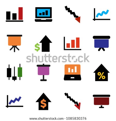 solid vector ixon set - presentation vector, graph, japanese candle, laptop, crisis, percent growth, dollar, board