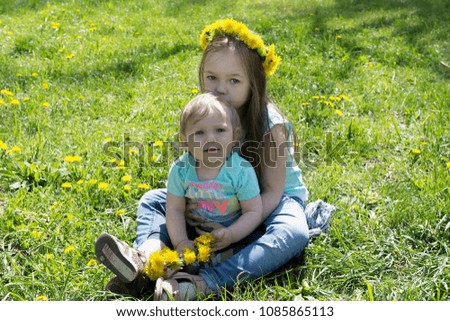 Two little sisters with dandelion wreath on dandelion lawn 