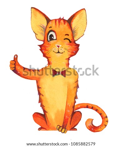 Hand drawn watercolor illustration of cartoon red cat in bow with thumb up. Mascot for children print and textile. Isolated on white background