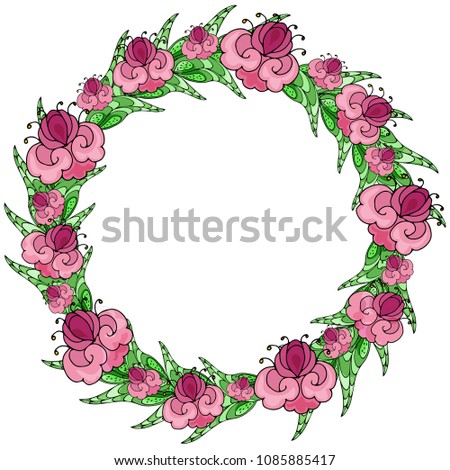 Round frame with floral elements. Abstract flowers, yellow, blue. Green leaves. Wreath for Valentine's Day, wedding invitations and greeting cards. Handmade. Vector illustration
