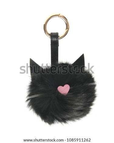 beautiful key chain luxurious fur ball-pink-colored animal isolated on white background