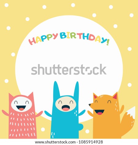 "Happy Birthday!" card template with text and happy animals. Great birthday card design. 