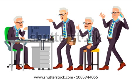 Old Office Worker Vector. Face Emotions, Various Gestures. Business Man. Professional Cabinet Workman, Officer, Clerk. Isolated Cartoon Character Illustration
