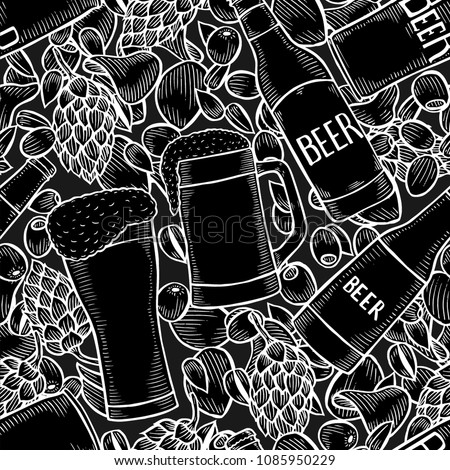 Background of beer decorated with hops, malt bunch, different types of beer, bottles and pretzels. Vintage vector oktoberfest seamless pattern drawn in engraving technique. Coloring book page