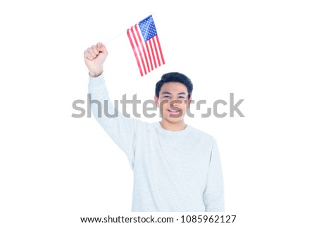 happy teen asian student boy with usa flag isolated on white