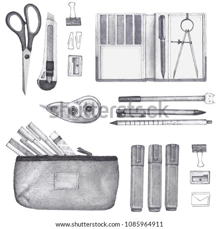 Hand drawn stationery set. Set of school accessories and supplies. Beautiful design elements, perfect for prints and patterns. Isolated objects on white background