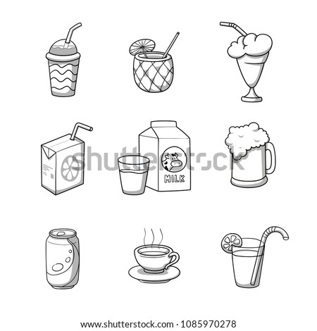 Drink icons collection. Doodle style. 