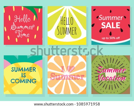 set of tropical fruit texture background. piece of strawberry, lemon, watermelon, pineapple, orange, kiwi slice with difference word about summer. fresh tropical fruits for summer vector illustration Royalty-Free Stock Photo #1085971958