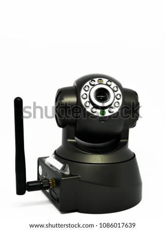 Isolated black small CCTV with WiFi connection.