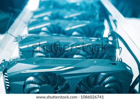 Cooling system closeup of powerful graphic cards for mining cryptocurrency such as bitcoin