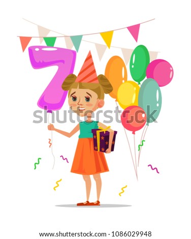 Happy smiling little girl holding gift box, balloons and celebrating happy birthday. Vector flat cartoon illustration