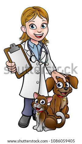 A vet cartoon character with pet cat and dog animals holding clipboard
