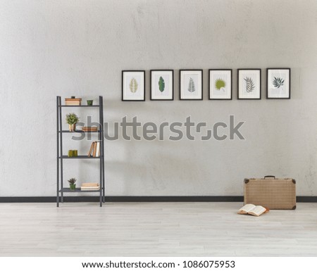Modern grey wall bookcase frame and object decoration. empty area parquet and modern grey wall.